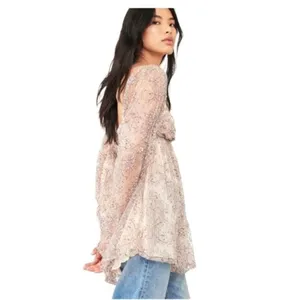 Free People Heavenly‎ Lace Tunic Top in Champagne Toast Size L New thumbnail 7