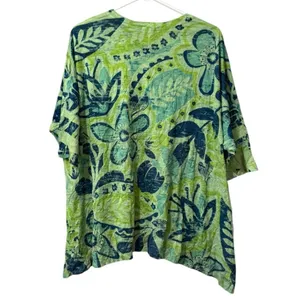 Jess & Jane Shirt Women Size Medium Asymmetrical Green Floral Lightweight‎ Beach thumbnail 2