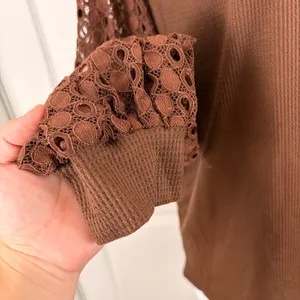 Miholl brown lace long sleeve waffle-knit top thumbnail 5