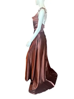 Monvelli Satin Cowl Neck Evening Gown w/Thigh High Slit & Pockets Brown 12 NWT thumbnail 4