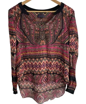 Hale Bob Pink and Black Geometric print artsy Silk tunic Size Large romantic thumbnail 1