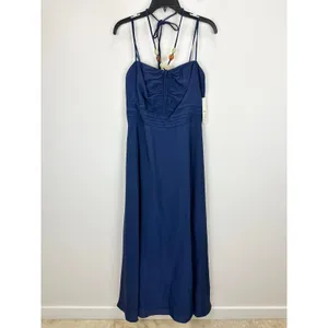 Eliza J Maxi Dress Navy Halter Pleated Embellished Formal Cocktail US 10 NWT thumbnail 6