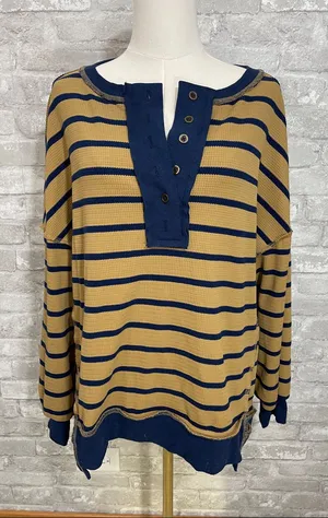 Fashion Striped Crewneck Henley Top in Tan & Navy thumbnail 1