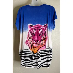 Womens M/L Tunic‎ Top Blouse Blue Pink Tiger Rhinestone Zebra Ombre Graphic thumbnail 2