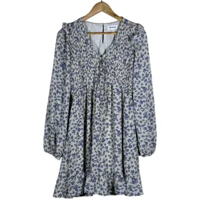 &merci Smocked Floral Mini Dress Blue Cream Boho Ruffle Long Sleeve Size S thumbnail 2