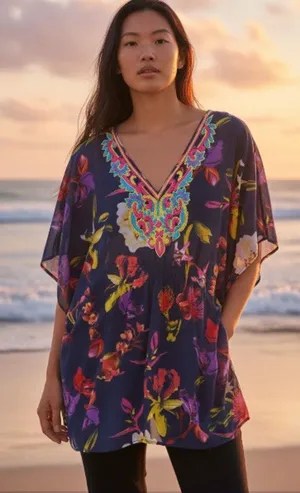 Navy Floral Beaded Bodice Swim Cover Top size Medium Blue thumbnail 1
