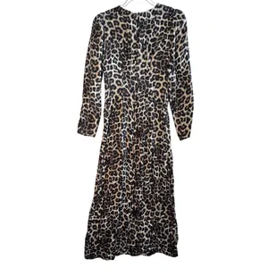 Farm Rio Leopard Animal Print‎ Viscose V-Neck Midi Dress Brown Black Large Boho thumbnail 2