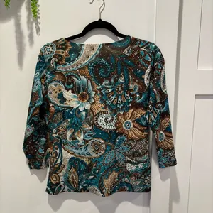 Uniform John Paul Richard Blue Brown Paisley Sequins Y2K Euro V-Neck Babydoll L thumbnail 6