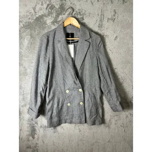 MNG Mango Linen Double Breasted Blazer Minimalist Coastal Chic Black White S New thumbnail 2
