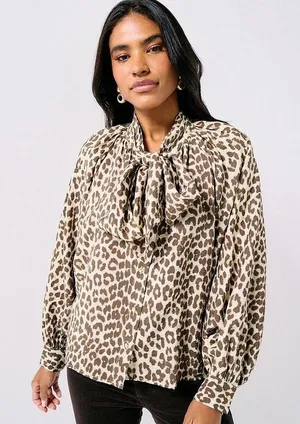 H&M Women's Size Medium Tie-Neck Blouse Light Beige Leopard Print Long Sleeve thumbnail 1