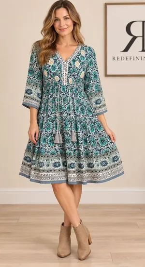 Soft Surroundings Teal Floral Block Print Tiered Midi Dress 2FW00 Small thumbnail 1