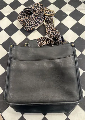 Chic Black Crossbody Bag with Leopard Print Guitar Strap Gold Hardware purse thumbnail 1