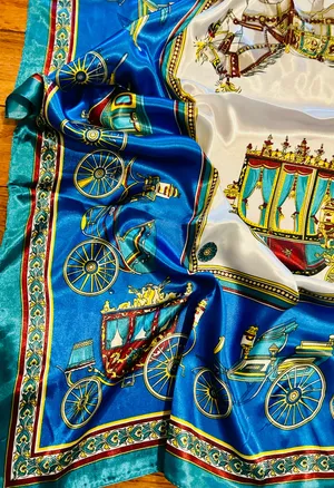 VINTAGE EQUESTRIAN horse&carriage ROYAL BLUE silky SCARF 35’/35’ inches thumbnail 3