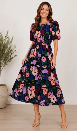 🌺✨Clover & Sloane Floral Puff Sleeve Midi‎ Dress Black Multicolor Size 10✨🌺 thumbnail 1
