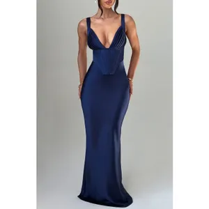 NWT Babyboo Shae Navy Blue Satin Corset Lace Up Back Maxi Dress Womens Size XS thumbnail 3