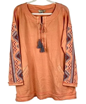 Tru Luxe Jeans Peach Long Sleeve Embroidered Top XL thumbnail 1