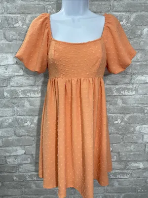 Altar'd State Peach Orange Swiss Dot Puff-Sleeve Mini Dress thumbnail 1