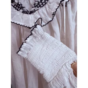 Cleobella Organic Cotton Smocked Ruffle Blouse Womens Small White Navy Tassel thumbnail 5