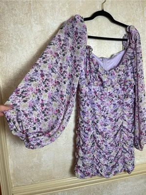 ASTR The Label Floral Ruched Puff Sleeve Mini Dress Purple Sz L Fairy Whimsical thumbnail 13