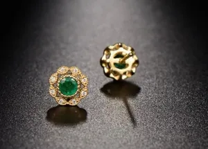 14K Gold Plated Diamond Green Gemstone Emerald Stud Earrings for Women thumbnail 1
