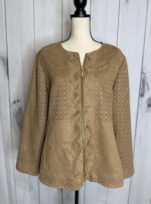 Chicos Jacket Womens Sz 3 XL Tan Leather Suede Full Zip Jacket Laser Cut thumbnail 1