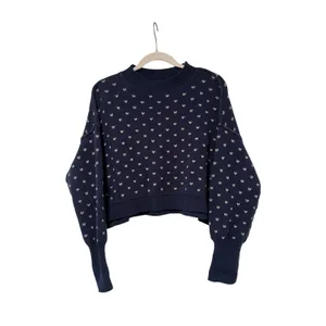 Free People Navy Blue Cropped Sweater with White Dots XS thumbnail 2