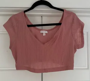 Colsie Short Sleeve Pointelle Crop Top - Rosy Pink, Large thumbnail 1