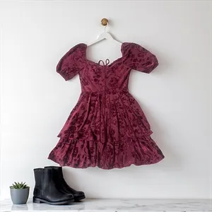 City Vibe Dress Velvet Floral Sweetheart Neck Puff Sleeve Tiered Maroon Size‎ 0 thumbnail 2