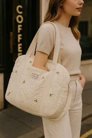 Quilted Embroidered Diaper Tote Bag Neutral Cream Ditsy Floral‎ Cottagecore Baby thumbnail 1