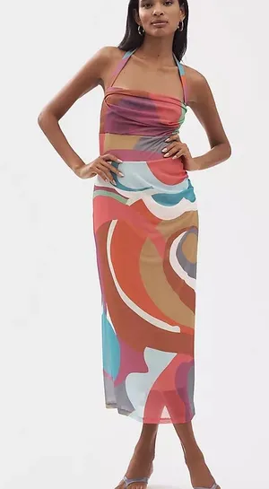 Anthropologie Women’s Abstract Multicolor Mesh Cowl Neck Midi Bodycon Dress S thumbnail 1