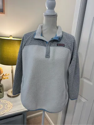 Vineyard Vines Mixed Media Sherpa Shep Shirt Pullover Cream Gray Quilted Large L thumbnail 1
