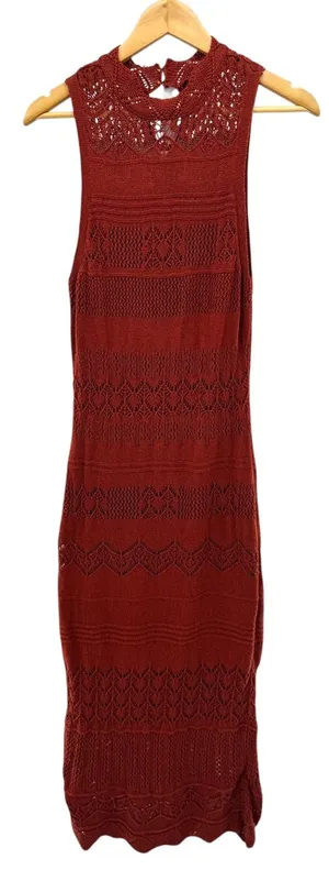 Anthropologie Open Knit Maxi Dress‎ Rust Brown Womens M Boho Hippie 70s Crochet thumbnail 1