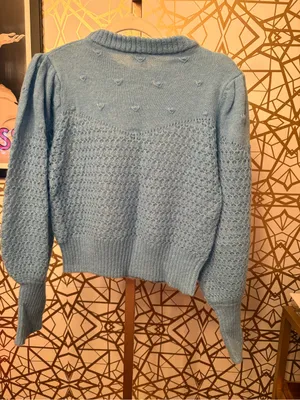 Stellah light blue crewneck pointelle knit sweater, Medium thumbnail 4