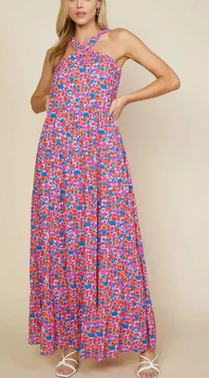 Skies Are Blue‎ Floral Print Crossed Neck Full Length Long maxi Dress Size Small thumbnail 1