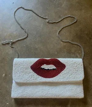 Beaded White Clutch with Red Lip Motif thumbnail 1
