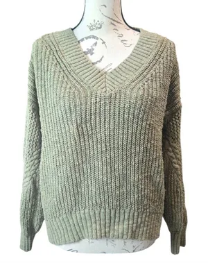 American Eagle Olive‎ Green V-neck Slouchy Sweater Small thumbnail 1