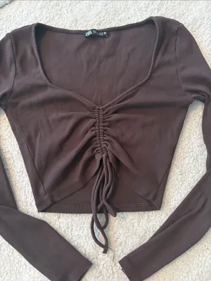 ZARA Brown Ruched Front Long-Sleeve Crop Top thumbnail 1