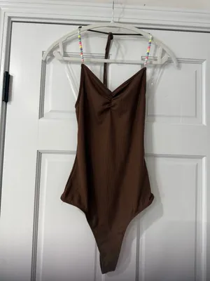 Just Polly Womans Sz Medium Brown Beaded Ribbed Thong Bodysuit Top Retro New thumbnail 2