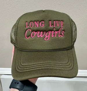 Olive Trucker Cap with Pink "Long Live Cowgirls" Embroidery thumbnail 1