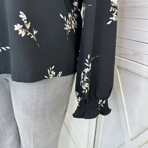 J. Crew Floral Smocked Ruffle Trim Blouse Black‎ Tan Large thumbnail 6