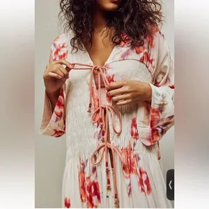 Free People Bright Blooms Maxi Robe M Boho Floral Tie Front Flowy Duster Kimono thumbnail 3