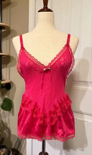 Feather Bed Intimates Pink Lace Trim‎ Ruffle Satin Teddy Lingerie Medium thumbnail 1