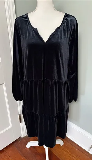 GAP Black Velvet Tiered V-Neck Long Sleeve Dress‎ Size XL thumbnail 1