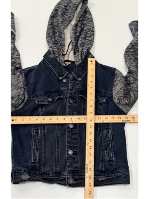 Free People Denim Knit Sleeve Hooded Jacket Distressed Dark Wash h thumbnail 4