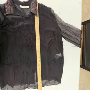 Chloé Size S 4 Blouse Black Semi Sheer Button Up Metallic Copper Sequin‎ Collar thumbnail 16