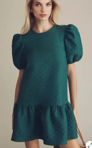 Anthropologie Maeve Green Drop Waist Jacquard Quilted Puff Sleeve Mini Dress Oversize Size M thumbnail 1