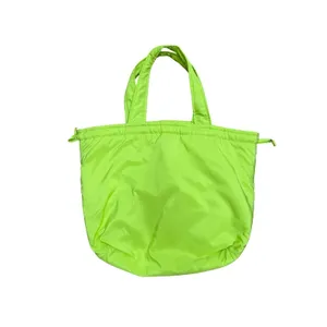 Neon Green Nylon Tote Bag Ruched Top Shoulder‎ Bag Lightweight Large thumbnail 3