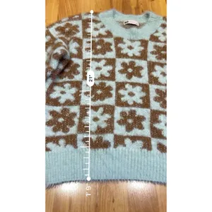 SO Fuzzy Cropped Flower Print Sweater Aqua Brown M thumbnail 2