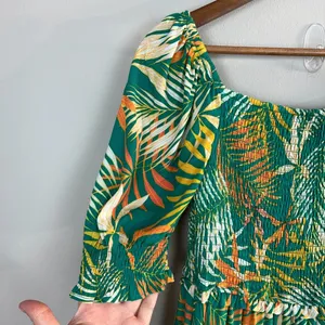 Betsey Johnson Maxi Dress Small Green Palm‎ Leaf Tropical Smocked Puff Sleeve thumbnail 6