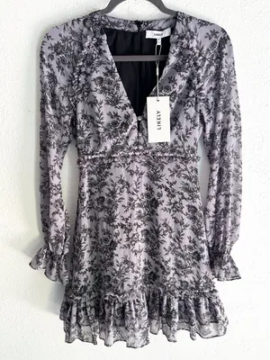 LIKELY Amber Dress Lavender Black Floral Ruffle Long Sleeve Mini Dress 00 NWT thumbnail 1